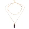 Natural Stones Beads Necklace Women Crystals Quartz Chakra Bullet Hexagonal Prism Point Healing Pendant Necklaces Fashion Double Layer Gold Link Chains Jewelry