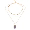 Pierres Naturelles Perles Collier Femmes Cristaux Quartz Chakra Bullet Hexagonal Prism Point Guérison Pendentif Colliers Mode Double Couche Or Lien Chaînes Bijoux