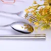 Creative Titanium Plated Portable Tableware 5-piece True color 304 Stainless Steel Spoon Chopsticks Set Straw Combination