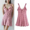 Za floral print ruche zomer jurk vrouwen mouwloze riemen vintage mini jurken vrouw chic front stropdas roze strand jurk 210602