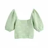 Women Summer Slim Short Blouses Shirts Tops ZA Floral Puff Sleeve Slash neck Female Fashion Vintage Top Blusas 210513