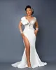 2021 Vintage Mermaid Lace Crystal Wedding Dresses Bridal Gowns Arabic Aso Ebi Long Sleeves Illusion Neck High Side Split Detachable Train Overskirts Satin Beads
