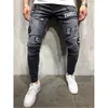 Trendy Erkekler Skinny Jeans Biker Yıkılan Yıpranmış Fit Denim Kot Pantolon Yan Şerit Kalem Pantolon Hip Hop Streetwear S-3XL X0621