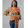 Moda V-Neck Roupas Africanas Notícias Senhoras Sexy Dashiki Impressão Top Oblique Lace Up Bow Nó Strapless Camisas Vestido Para As Mulheres 210408