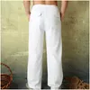 Men's Casual Pants Natural Cotton Linen Trousers White Linen Elastic Waist Straight Pants Beach Loose Trouser 210601