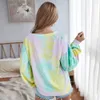 Women Long Sleeve T-shirts Autumn Winter O Neck Color Contrast Tie Dye Print Basic Tshirt Tops Casual Loose Streetwear Lady Tops 210507