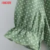 Tangada Summer Women Green Dots Print French Style Dress Puff Short Sleeve Office Lady Midi Dress 1F210 210609