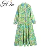 HSA damska sukienka satynowa wygodne vintage lato dorywczo kwiecisty druk zielony z długim rękawem nieregularną luźną długość kostki 210716