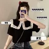 Japan Style Sweet Black Short Sleeve Peter Pan Collar Tops Summer Lace Patchwork Purple Blouse Women Girls Blusas Mujer Preppy 210610