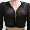 Woman Sexy See Through Mesh Black Zip Up Hooded Long Sleeve Crop Top Wide Leg Long Pants Matching 2 Piece Sets Club Outfits 211116