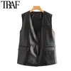 TRAF Moda Moda Botão Único Faux Leather Waistcoat Vintage V Neck Sem Mangas Loose Female Vest Colete Outerwear Chique Tops 210415