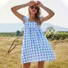 Spaghetti Strap Dress Women Square Collar Sleeveless Ruffles Sling Plaid Dress For Women Blackless Summer Mini Dress 210521