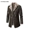 PU-Lederjacke Männer Lange Stil Feste Männer Streetwear Fleece Casual Herren Kleidung Porckets Breasted Leder Mantel Outwear 211101