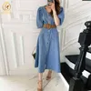 Ankunft Jeans Kleid Frauen Einreiher Vintage Casual Lange Denim es Slim Bodycon Robe Femme Mit Gürtel 210520