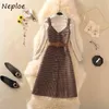 Neploe Autumn Winter New Suit Slim Fit Simple Sweaters + Chic Plaid Pattern Camis Dress with Belt Frensh 2 Piece Set 210423