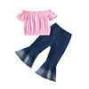 Moda Bambino Bambini Neonate Vestiti estivi Set da festa Spalle scoperte T-Shirt Pantaloni svasati 2 pezzi Abbigliamento ragazza Abiti 3-7Y 1025 V2