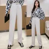 White Women's Formal Pants Casual Chic Wide-leggings with Belt High Waist Elegant Work Trousers Female 210428
