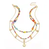 New Bohemia Jewelry Multi-layer Rainbow Rice Beads Necklaces Special Metal Shells Pendant Choker