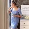 Dabuwawa Exclusive Vintage Blue Square Neck Summer Dress Women Puff Sleeve Single Breasted A-Line Party Dresses Ladies DO1BDR040 210520