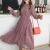 Elegante colletto alla coreana con stampa floreale in chiffon abito a maniche lunghe moda donna abiti primavera a-line abito lungo pieghettato 3603 210417