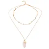 Natural Stones Beads Necklace Women Crystals Quartz Chakra Bullet Hexagonal Prism Point Healing Pendant Necklaces Fashion Double Layer Gold Link Chains Jewelry