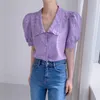 Lavanta Mor Nazik Ofis Lady Streetwear Slim Tops Yaz Yüksek Bel Gevşek Şık Tatlı OL Tüm Maç Gömlek 210421