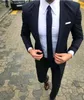 Donanma Mavi Düğün Smokin erkek Peaksuits Slim Fit Plaj Groomsmened Yaka Örgün Siyah Çift Balo Parti İki Adet Suit (Ceket + Pantolon)