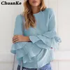 Damskie Bluzki Koszule Kobiety 2021 Wiosna Panie Eleganckie O Neck 3/4 Rękaw Solid Blusas Topy Casual Loose Pullover Plus Size