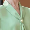 夏の半袖ライトグリーンシャツ女性ファッションデザインストリーマサテンシフォンブラウスオフィスレディース気質作業トップ210604