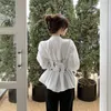 エスニック服原城白道ホワイトパッチワークプリントシャツ女性ラペルプフィースリーブトップアジアの服装リュウッドスリムブラウス女性2021ファッションFF3