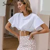 Cotton O-neck sleeve Fashion Loose versatile crop tops Casual white short drawstring summer women T-shirt 210414