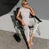 Sollinarry Retro sleeveless high waist slim woman overalls Cool ankle banded jumpsuit romper Pockets grey spring summer playsuit 210709