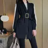 Femmes noir Patchwork en mousseline de soie manches col châle Blazer femme bouton doré ceintures veste costume Long manteau surdimensionné Cardigan 210416