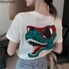 Dinosaurbrev Skriv ut Kvinnor Toppar Sommar Kortärmad O-Neck Vintage Fashion Loose Tees T-shirts Femme 210513