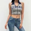 Brev Tryckt halter Y2K Crop Top Kvinnor Tankar Sommar Sexig Backless Casual Turn-down Collar Girls Shirt Kvinna Party Tee 210415