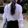 Camisa blanca elegante para mujer, camisas de manga larga abullonadas para mujer, cuello vuelto plisado, botonadura única, primavera Retro de gran tamaño 210518