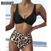 Ruuhee Solid Baddräkt Kvinnor Sexig Leopard Vit Bikinis 2021 Hög Midja Badkläder Stripe Biquini Push Up Badkläder Kvinna X0522