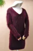 Kobiety Kobiety modne wino fuzzy norek kaszmirowy dzianinowe długie rękawy w szyku w szczupła pullover angora futra zimowa sukienka Swetek damski swep