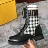 Botas de motocicleta pretas de tricô com estampa F logotipo em tecido de couro Martin botas elásticas manga de tecido sapatos femininos