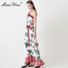 Spring Women Lace up Dress One-shoulder Irregular Collar Floral-Print Cascading Ruffle Vacation Party Maxi Dresses 210524