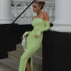 2021 Slim Vert High Split Moulante Maxi Robe Vintage Party Robes Robes Encolure À Manches Longues En Tricot Côtelé Robe Longue Femmes Y1006