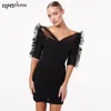 Free High Street Women's Black Tulle Draped Dress Fashion Sexy V-neck Short Sleeve Bodycon Club Party Vestidos 210524