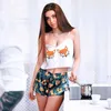 Ladies Pajama Set Love Fox Print Cute Cartoon Pattern Sleepwear Silk V Neck Sexy Pijama Satin Night Suits Wear Spaghetti Strap Q0706