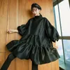 Puff Trzy Dzielnica Sukienki do Kobiet Potargany Kołnierz Czarny Mini Ball Suknia Sukienka Kobieta Wiosna Koreański FL350 210427