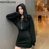 Nomikuma Koreaanse Streetwear Hooded Lange Mouw Jurk Vrouwen Effen Kleur Hoge Taille Rits Mode Jurken Vestidos 3A665 210514