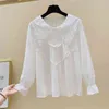 Koreansk stil Höst Mode Kvinnors Flare Långärmad Snören Hollow Out Doll Collar T Shirts Dame Shirt Blouse Tops A4000 210428