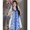 Kaftan Arabic Abaya Printed Ethnic Long Dress v-Neck Muslim Women Maxi Robe Islamic Clothing Ramadan Turkish Moroccan Eid Caftan