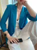 女性ファッションカジュアルブルー3四半期スリーブシフォンスーツジャケット女性日焼け止め服210608