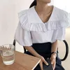 フレンチホワイトビッグターンダウンカラーウエディングトップシャツ女性垂直縞模様のオフィスシックルーススイートブラウス210601
