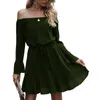 Women Dress Full Length Flare Sleeve Slash Neck Solid Color Sashes Lace Up High Waist Mini Pleated Polyester 210522
